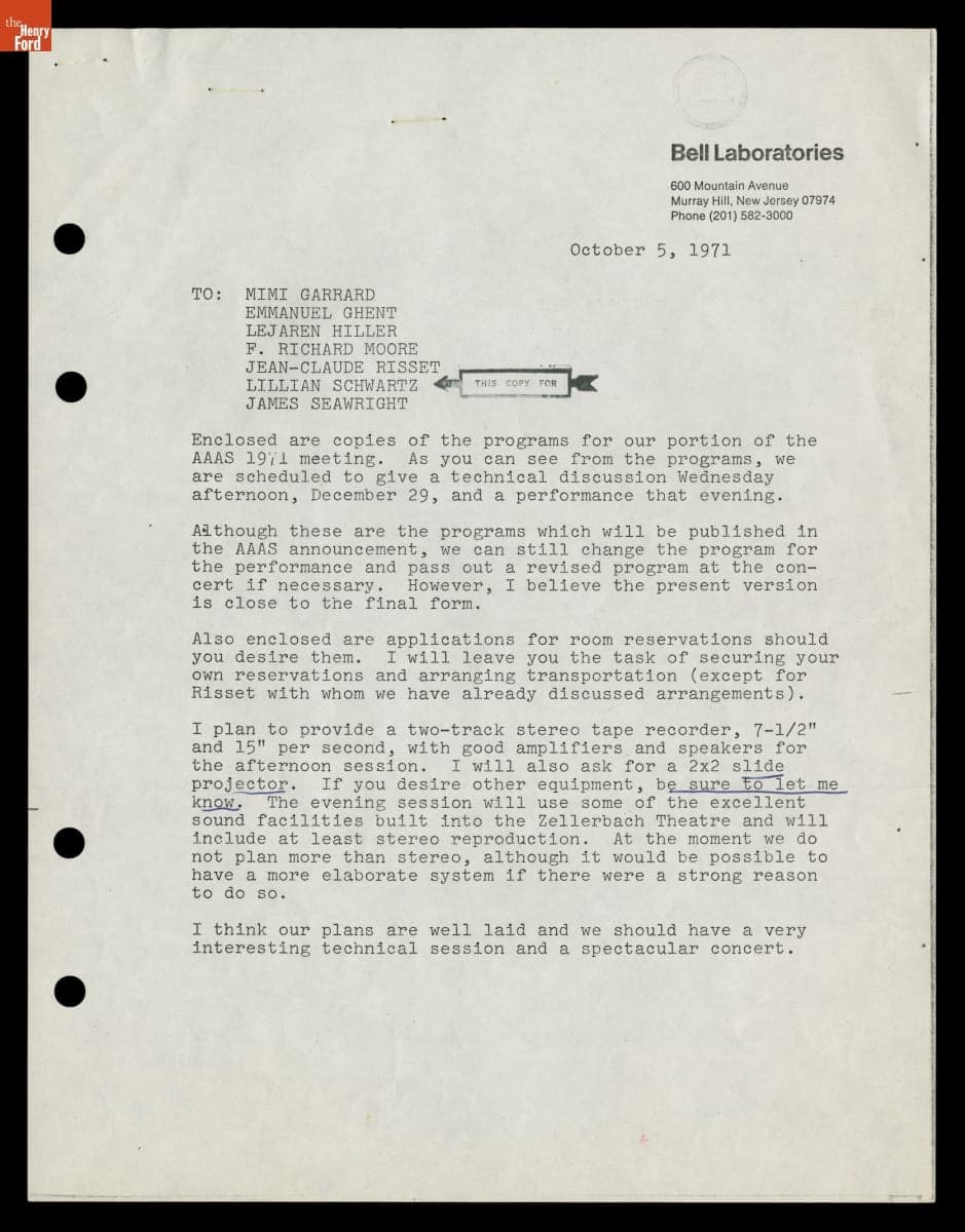 Bell Laboratories Memos Preparing for the 1971 AAAS Meeting