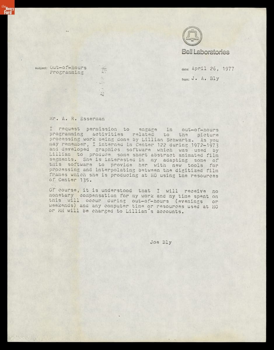 Bell Laboratories Memorandum regarding the Picture Processing Work of Lillian Schwartz, April 26, 1977