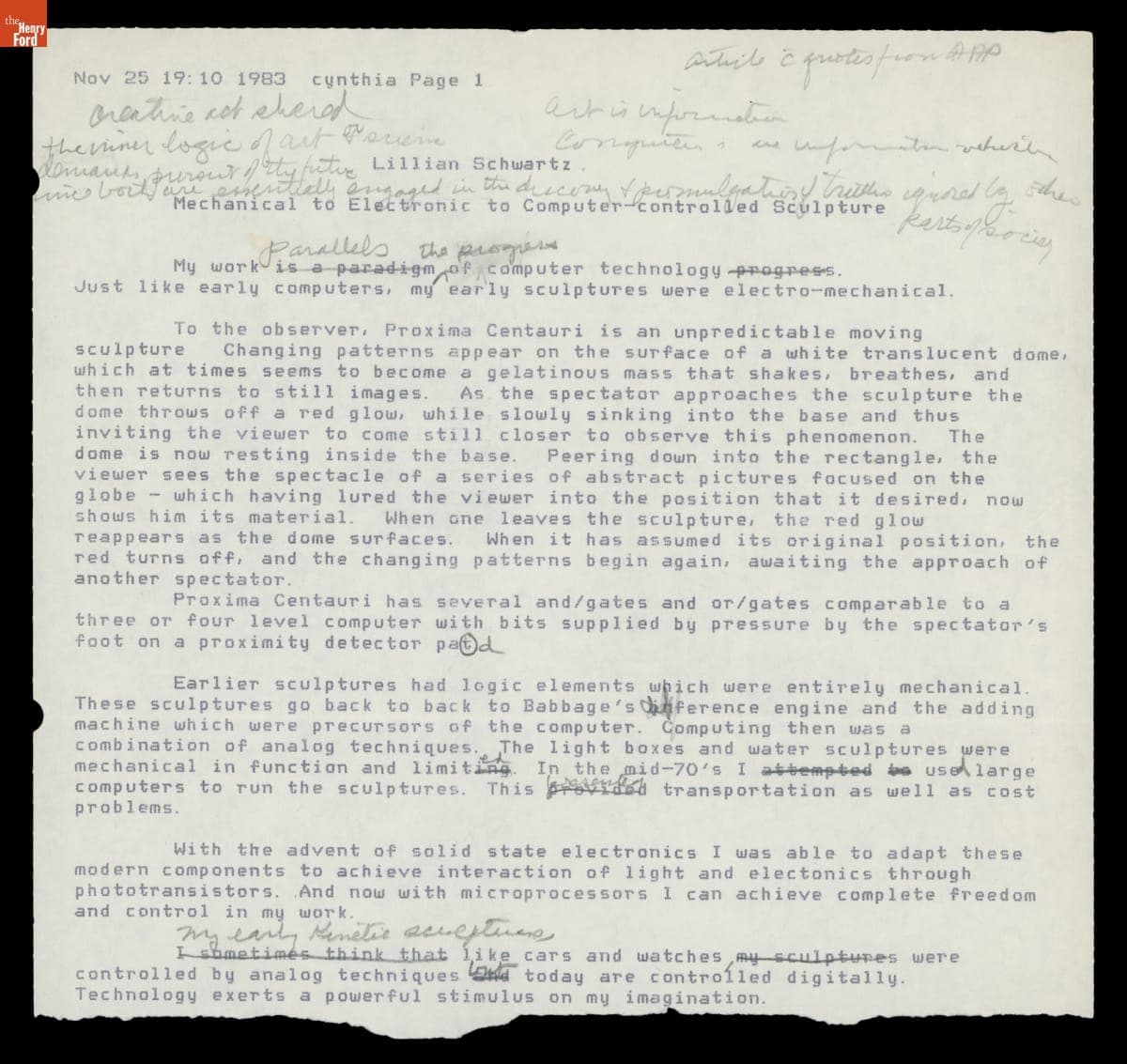 "Mechanical to Electronic to Computer-controlled Sculpture," November 1983