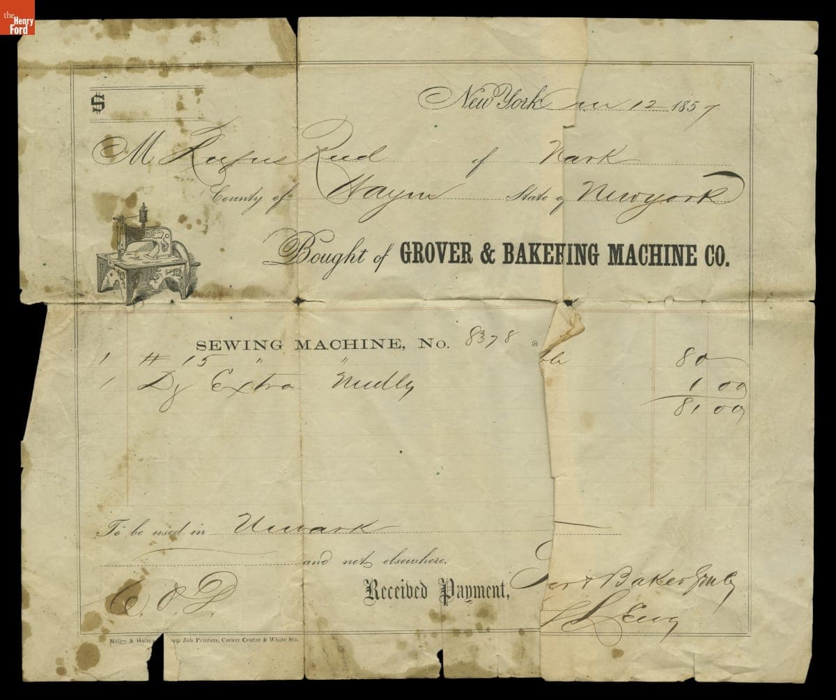 Receipt for Grover & Baker Portable Sewing Machine and Needles Purchased by Rufus Reed, June 12, 1857