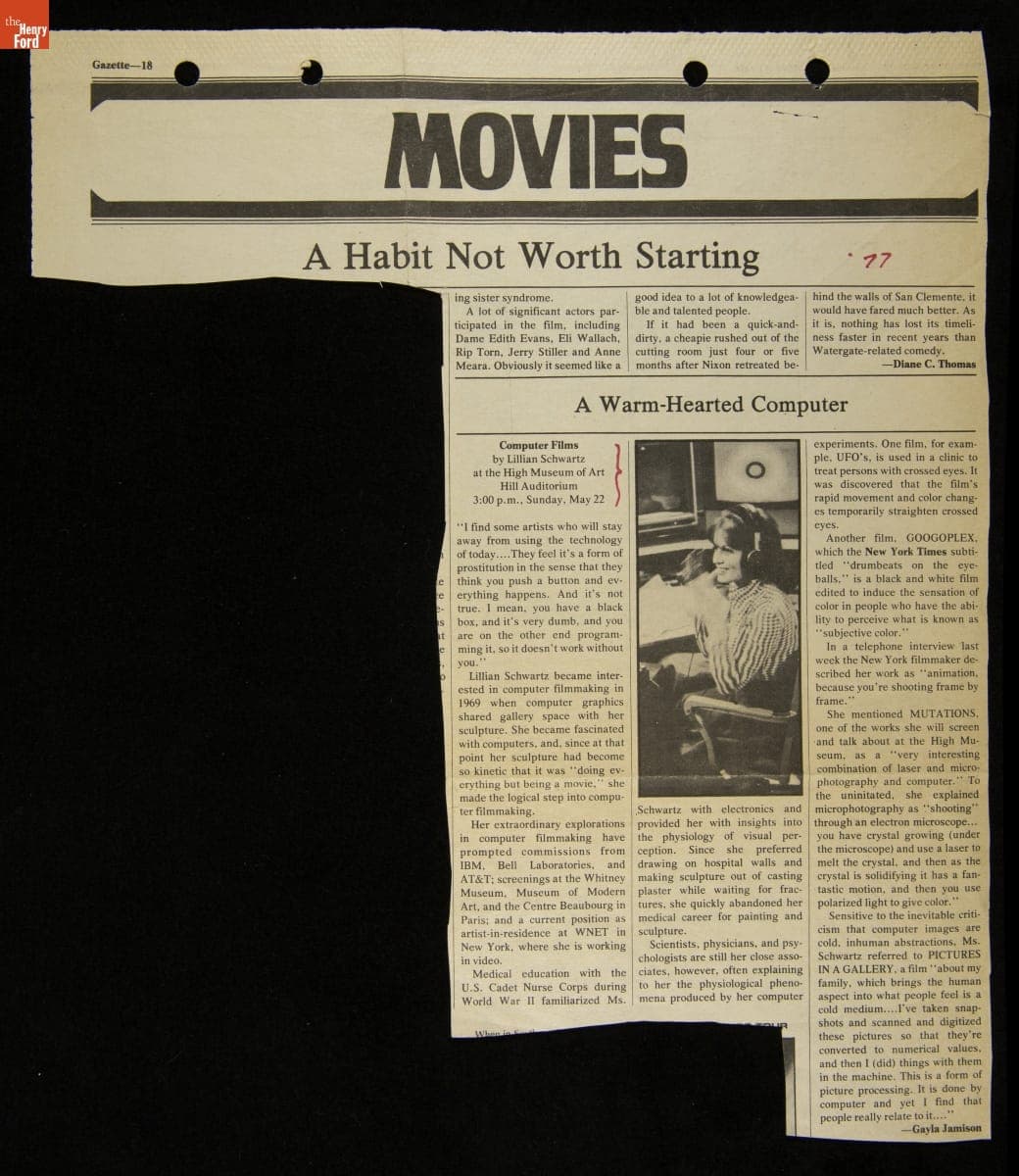 "A Warmhearted Computer," Newspaper Article Featuring Lillian Schwartz, May 1977