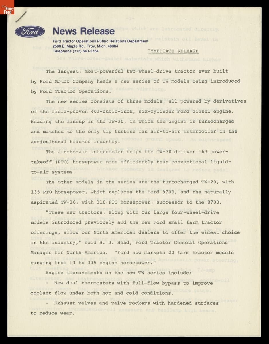Ford TW-30 Heads a New Series of TW Farm Tractors from Ford Motor Company, 1979
