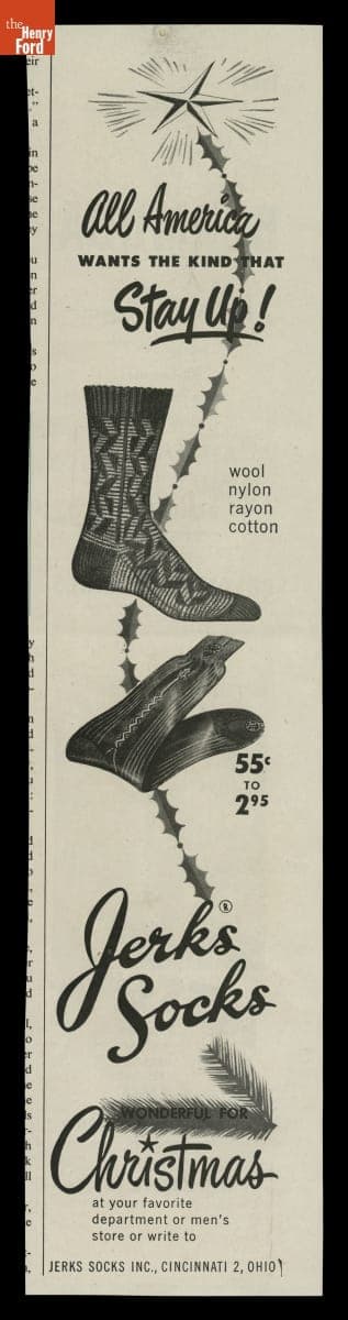 "All America Wants the Kind that Stay Up!," Advertisement for Jerks Socks, 1950-1955