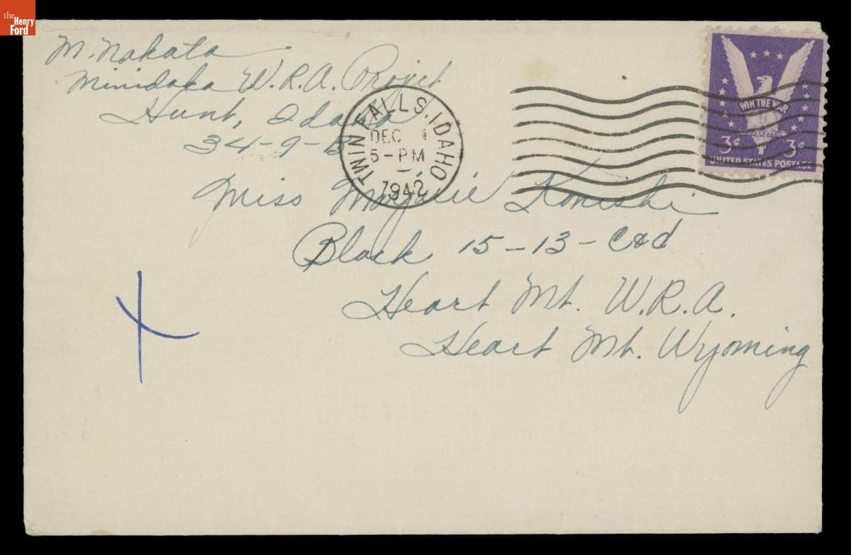 Envelope Sent from M. Nakata at Minidoka Japanese Internment Camp to Marjorie Konishi at Heart Mountain Camp, 1943