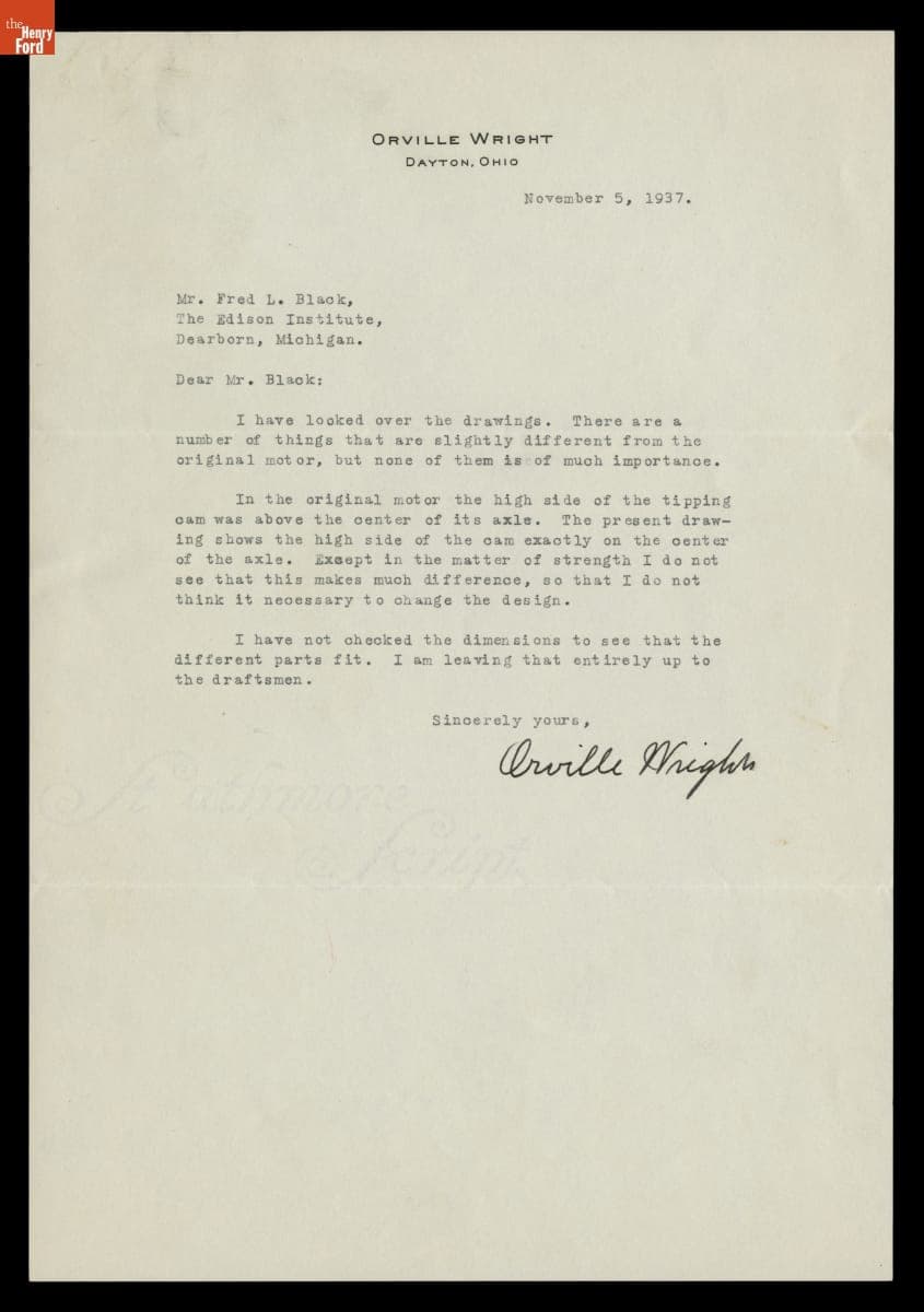 Letter from Orville Wright to Fred Black about the 1903 Wright Flyer Engine, November 5, 1937