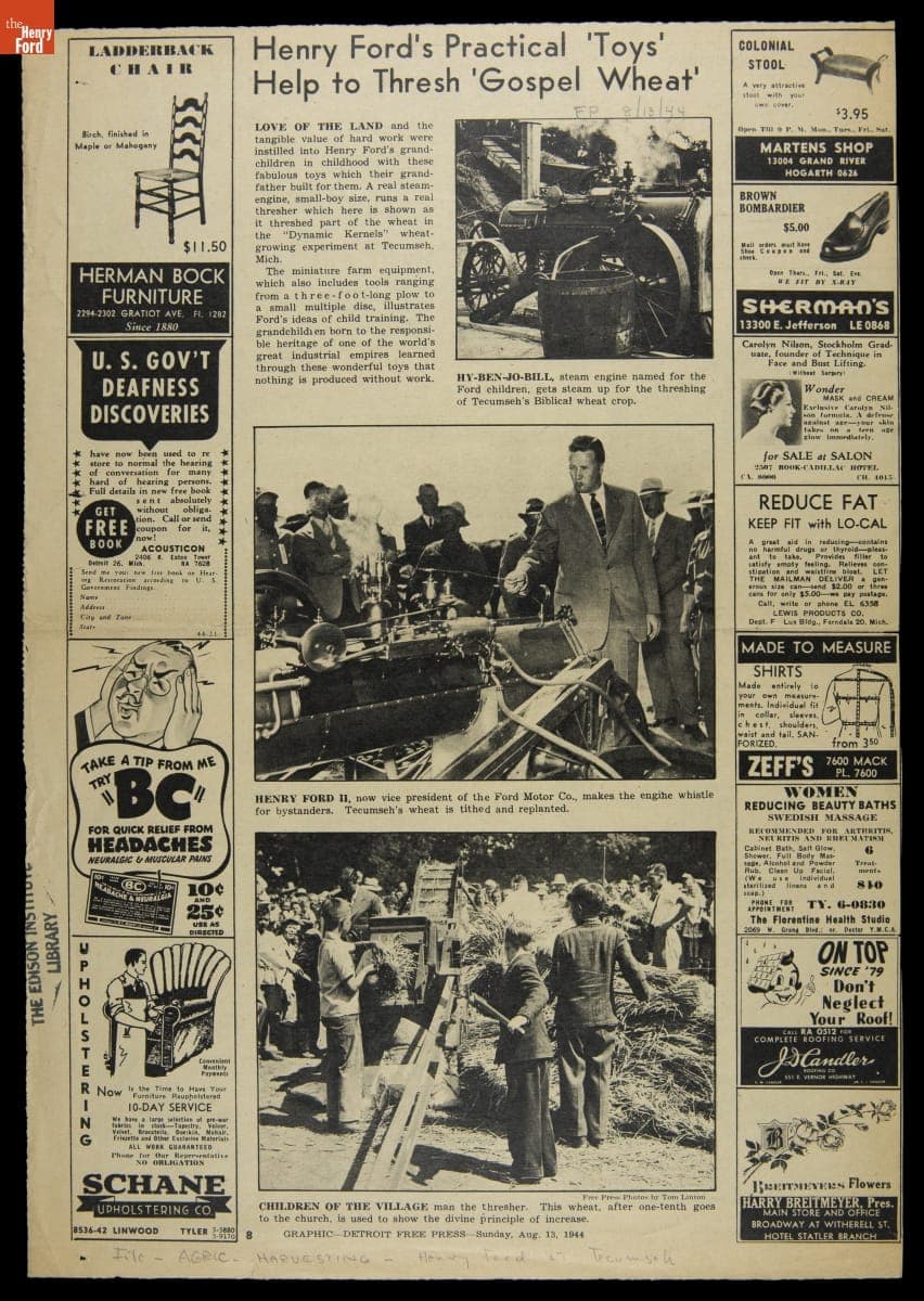 "Henry Ford's Practical 'Toys' Help to Thresh 'Gospel Wheat,'" Article from Detroit Free Press, August 13, 1944