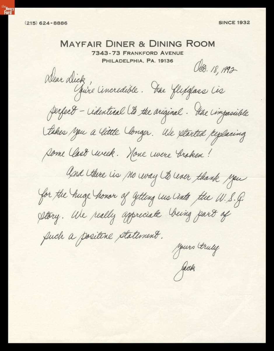 Letter to Richard Gutman from Mayfair Diner Owner Jack Mulholland, October 18, 1992