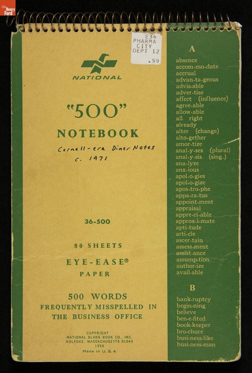 "Cornell-Era Diner Notes," Used by Richard J.S. Gutman, circa 1971