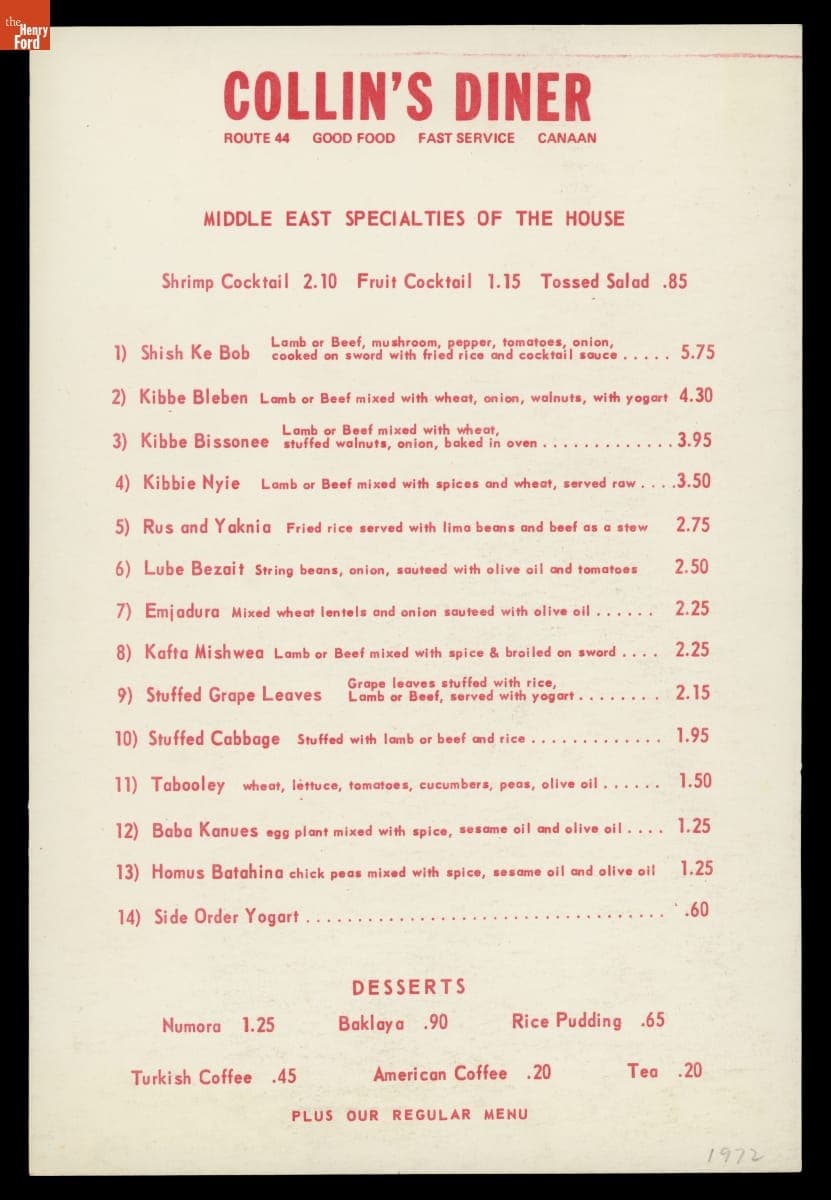 Collin's Diner Menu, 1972