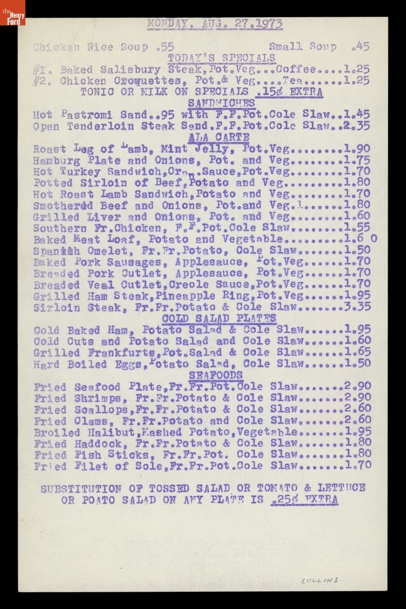 Collin's Diner Menu for Monday, August 27, 1973