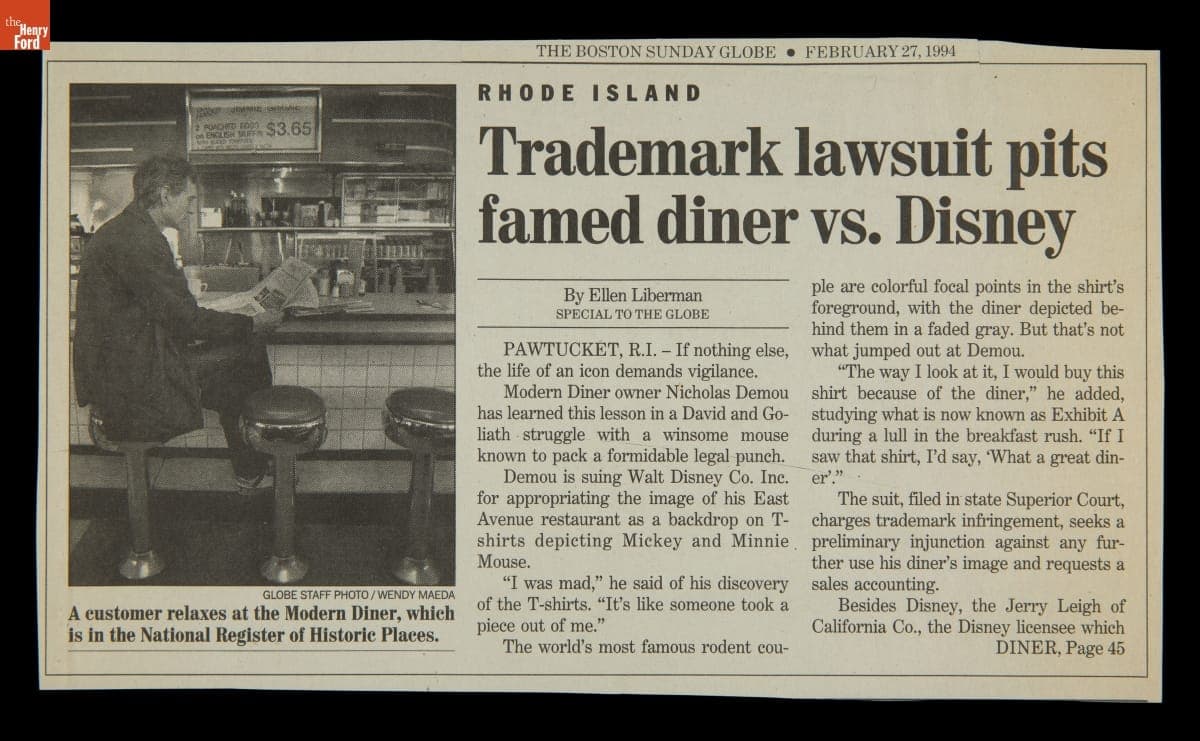 "Trademark Lawsuit Pits Famed Diner vs. Disney," Article from Boston Sunday Globe, February 27, 1994