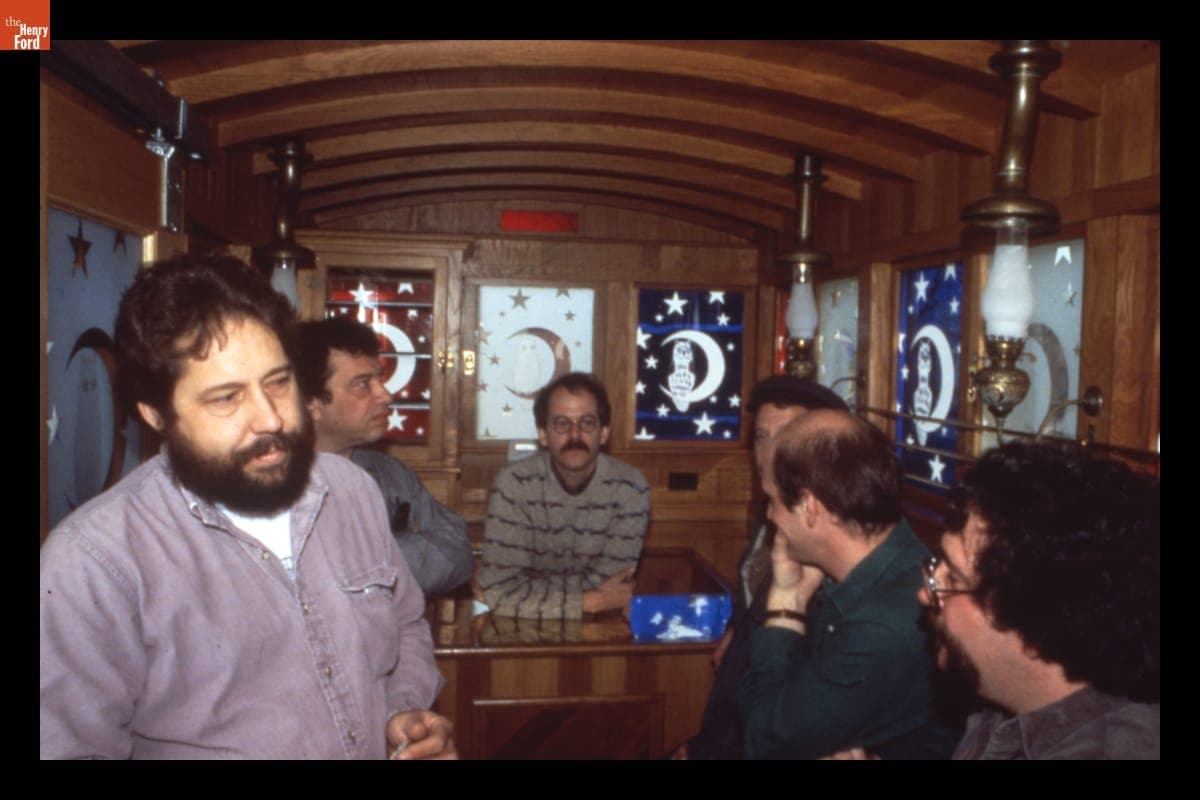 Blake Hayes, John Baeder, Richard Gutman, Colin Strayer, and Larry Cultrera inside Owl Night Lunch Wagon, Greenfield Village, 1987