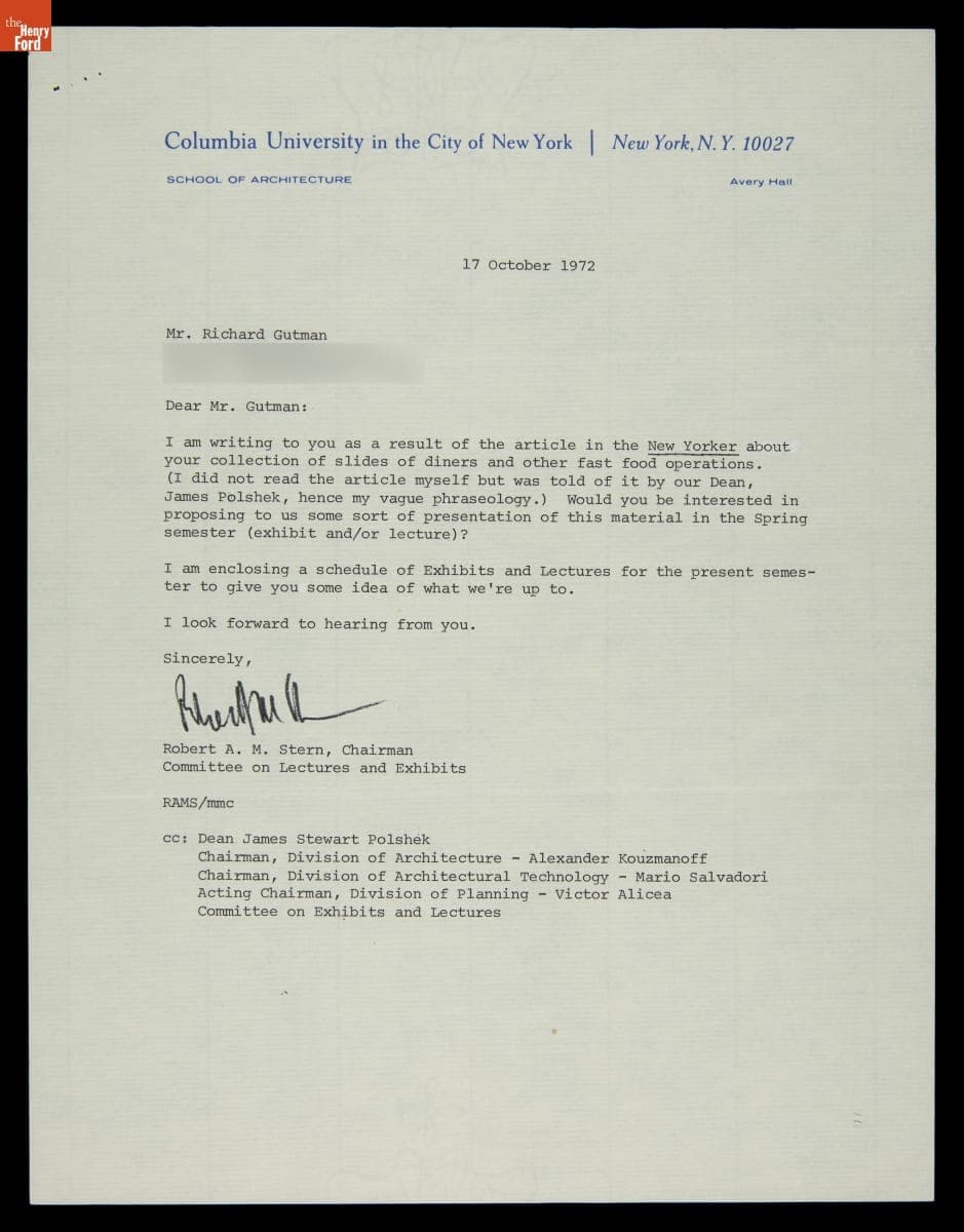 Letter from Robert A.M. Stern, Chairman of Committee on Lectures and Exhibits, Columbia University, to Richard Gutman, October 1972