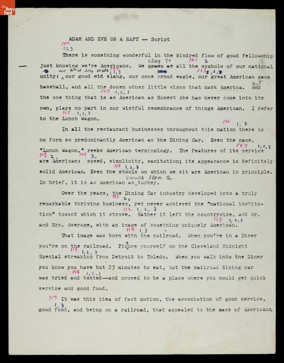 "Adam and Eve on a Raft" Script with Notes and Slide Cues, 1972