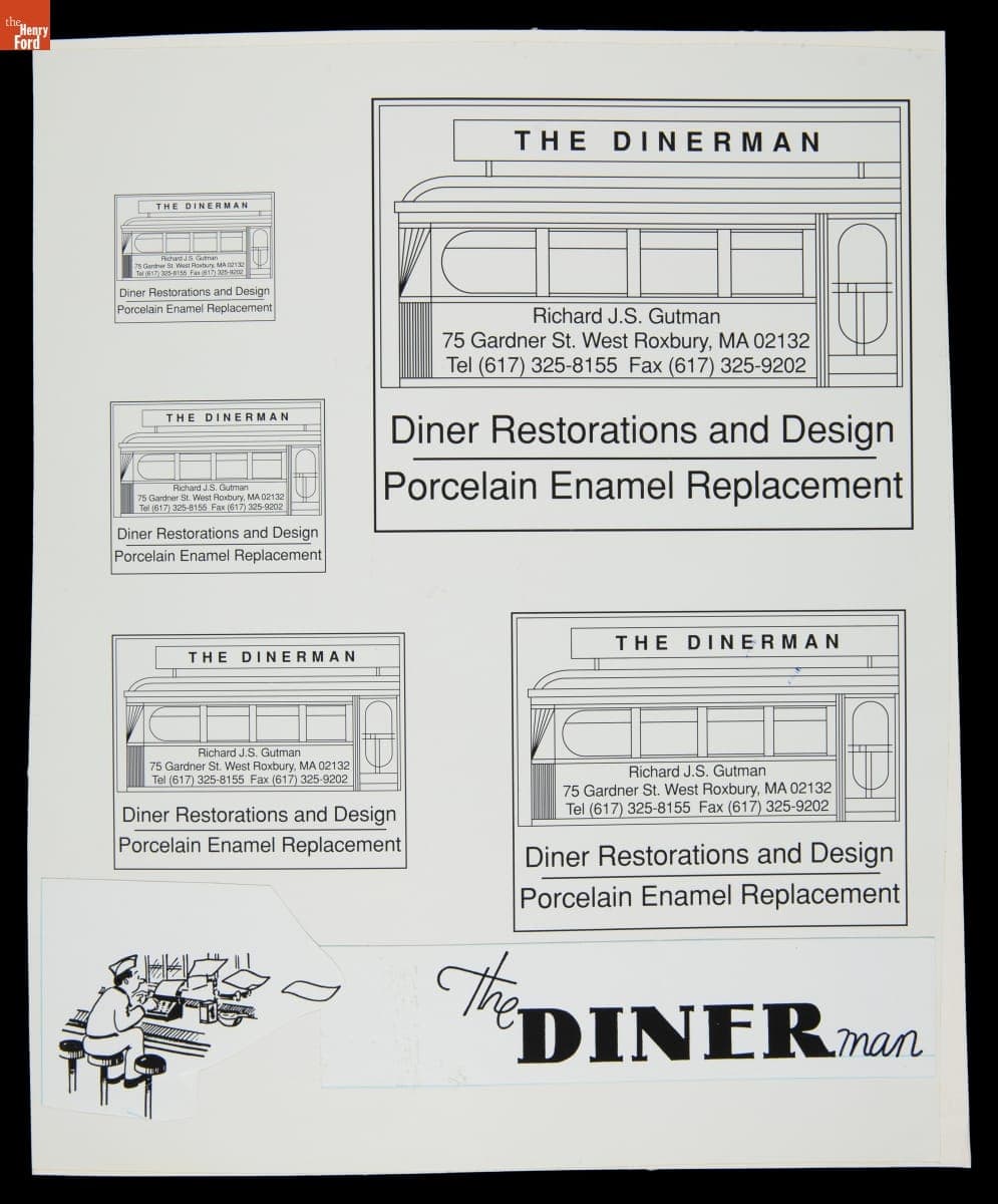 Various Mockups for "The Dinerman" Letterhead, Business Cards, and Advertisements, 1990