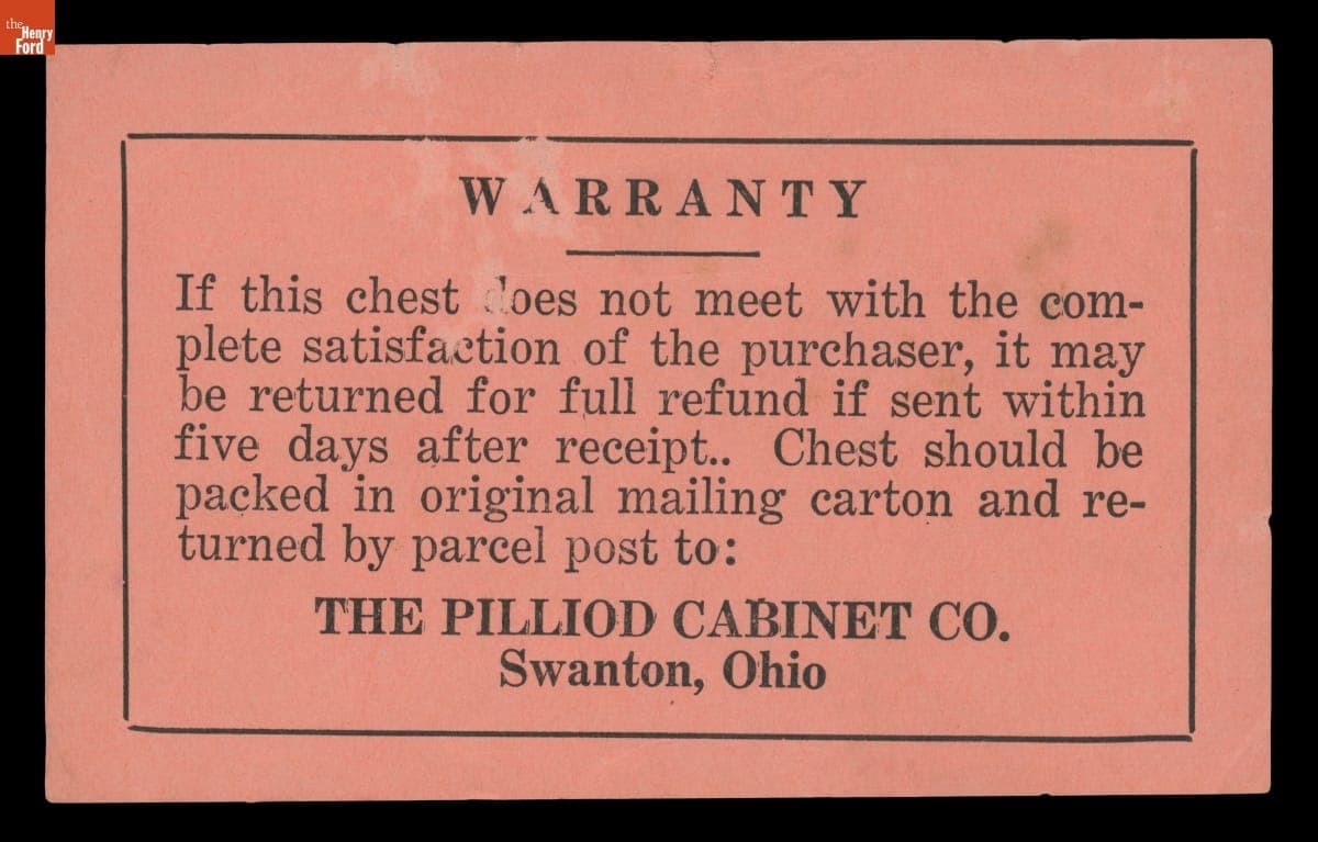 Warranty for Kellogg's Premium Flatware Chest by Pilliod Cabinet Company, 1950-1955