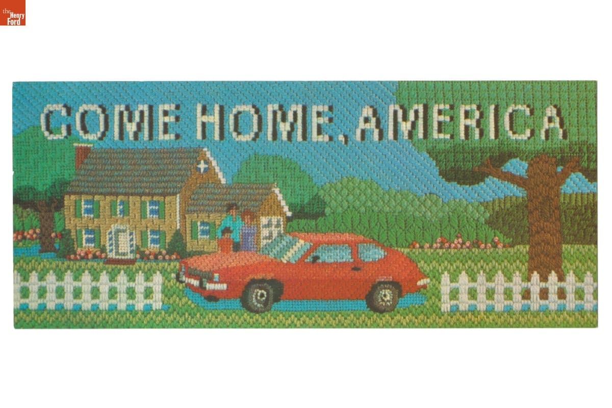 Postcard of a Ford Advertisement Worked in Needlepoint, "Come Home, America," 1974