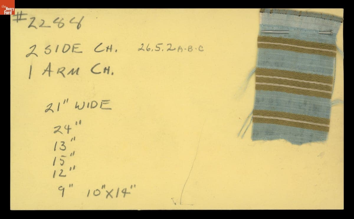 Card with Fabric Used by Ernest LoNano to Reupholster Chairs for Henry Ford Museum, circa 1953
