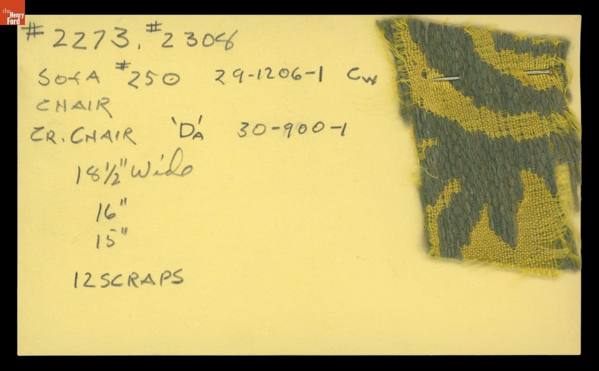 Card with Fabric Used by Ernest LoNano to Reupholster Furniture for Henry Ford Museum, circa 1953