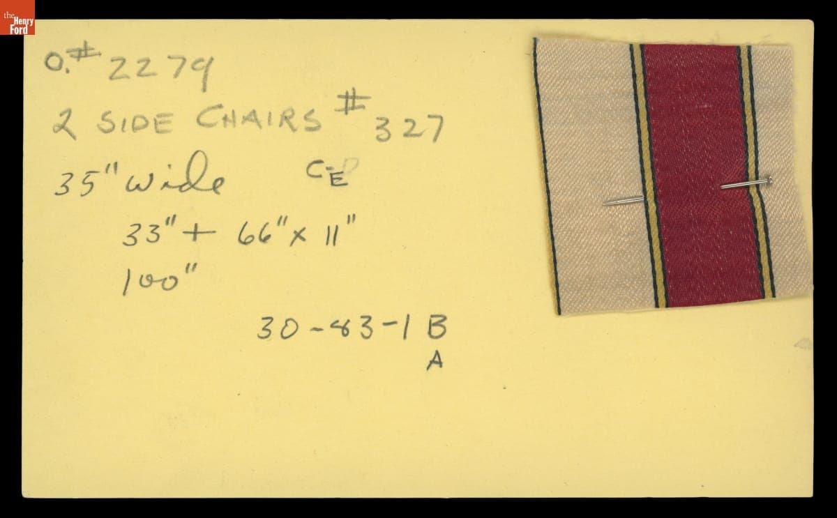 Card with Fabric Used by Ernest LoNano to Reupholster Side Chairs for Henry Ford Museum, circa 1953