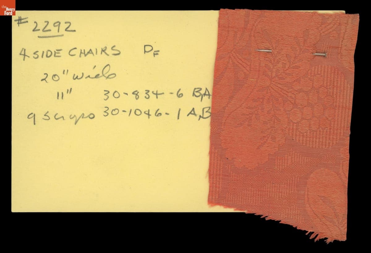 Card with Fabric Used by Ernest LoNano to Reupholster Chairs for Henry Ford Museum, circa 1953