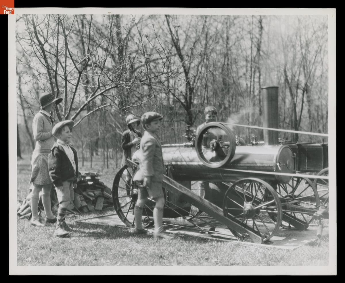 Henry Ford II and Benson Ford with the Hy-Ben-Jo-Bill Miniature Portable Steam Engine, 1927