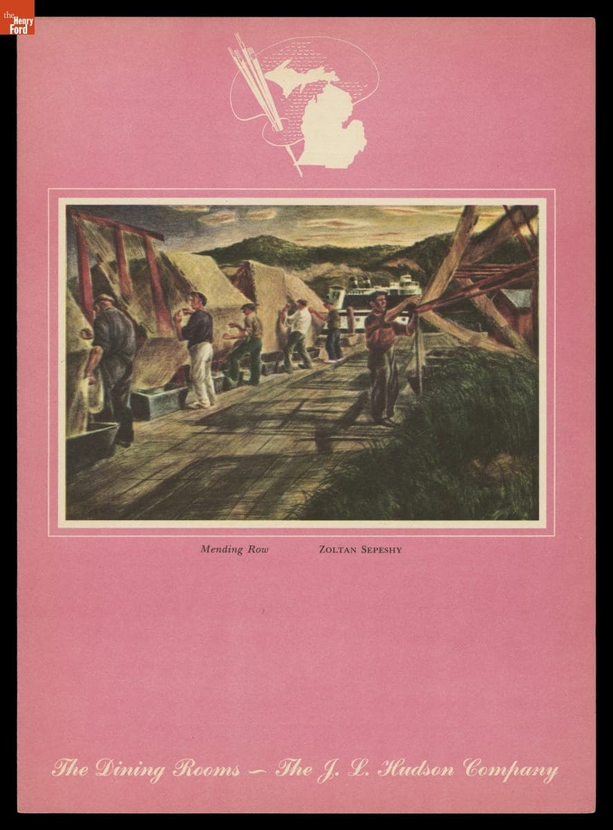 "The Dining Rooms - The J.L. Hudson Company" Menu Showing "Mending Row," 1949