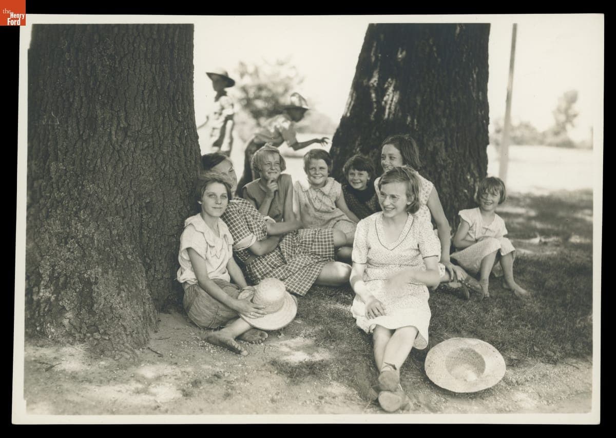 Students Sitting in the Shade at Willow Run School, Michigan