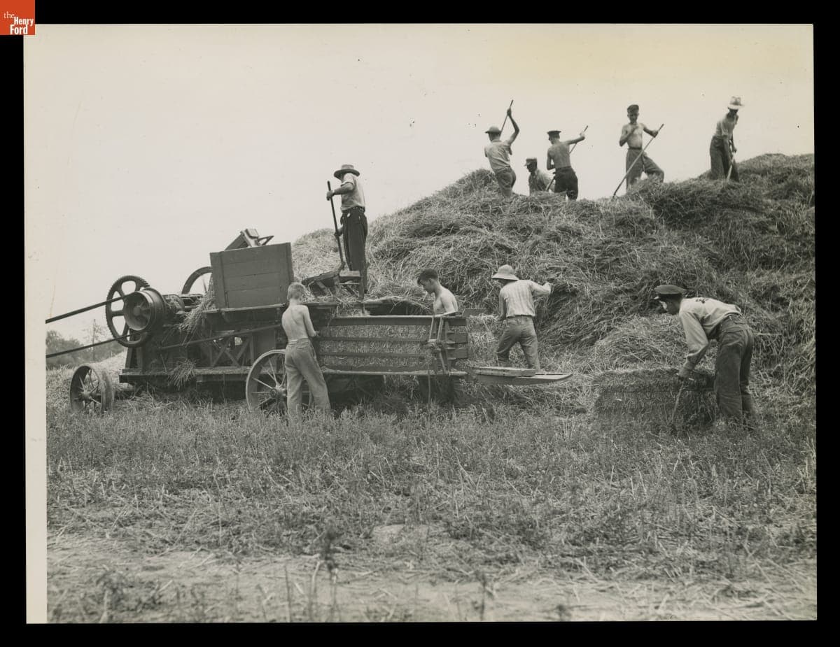 Macon (Michigan) High School Students Working on a Farm, Pitching Straw into a Baler, August 1943