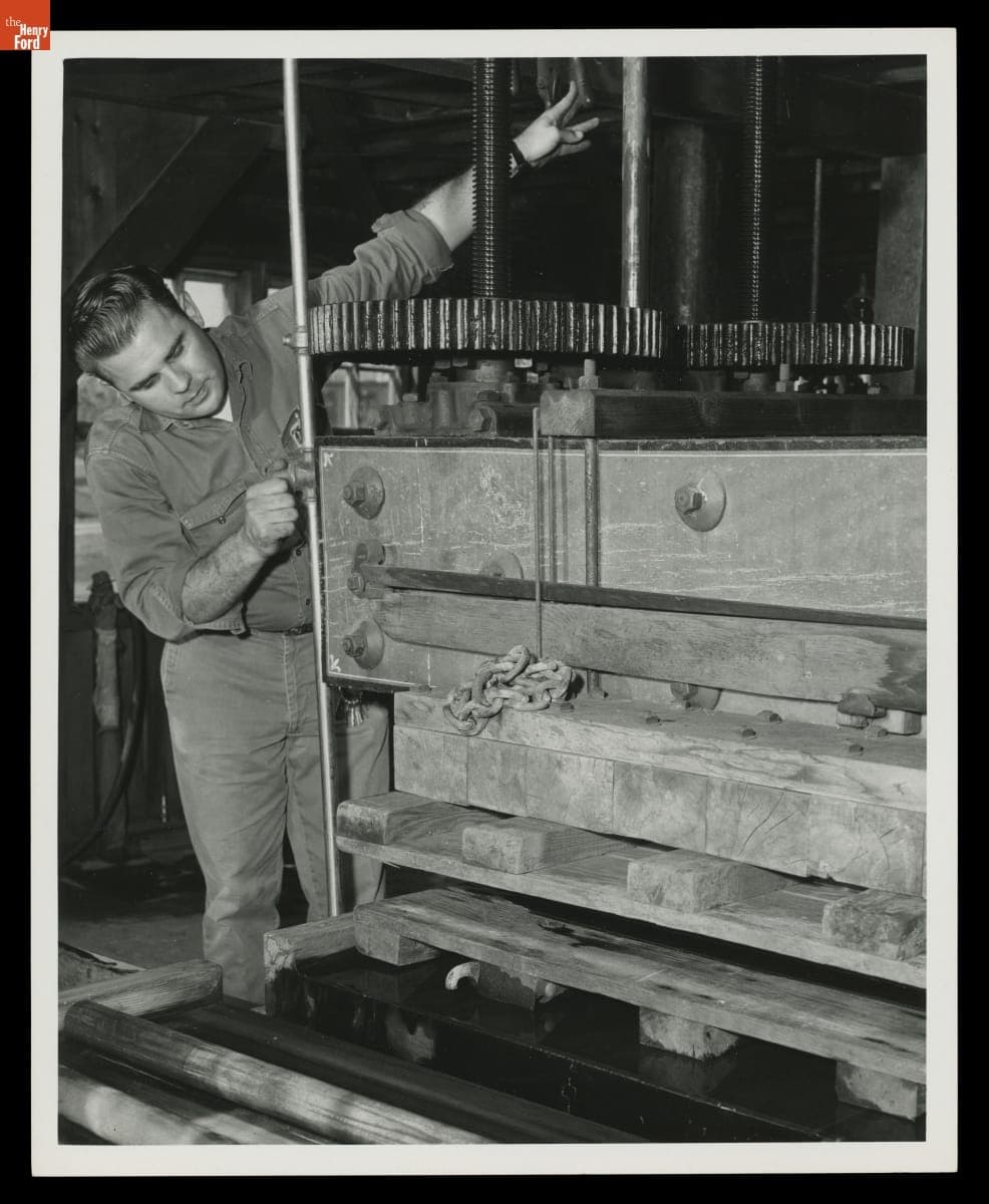 Dick Sikorski Demonstrating Cider-Making Machinery at Greenfield Village Cider Mill, October 1967