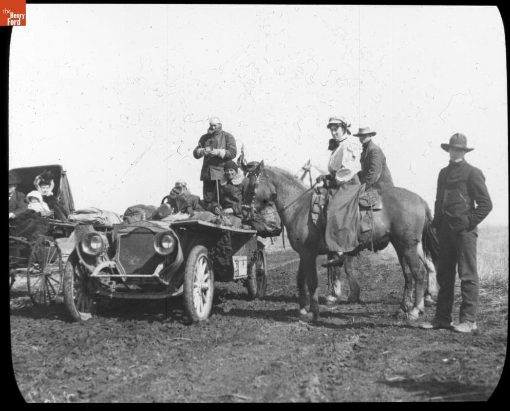 Thomas Flyer with Carriage and Riders on the Road near Hershey, Nebraska, New York to Paris Race, 1908