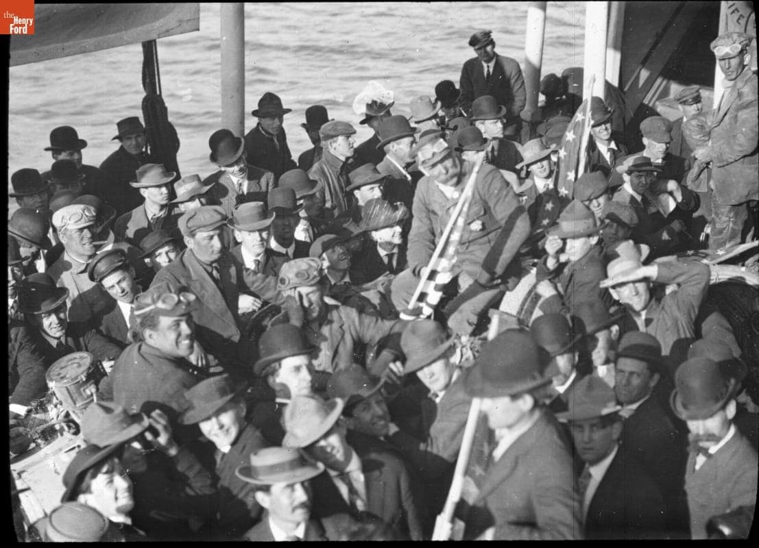 The Thomas Flyer and Team on Ferry from Oakland to San Francisco, California, New York to Paris Race, 1908