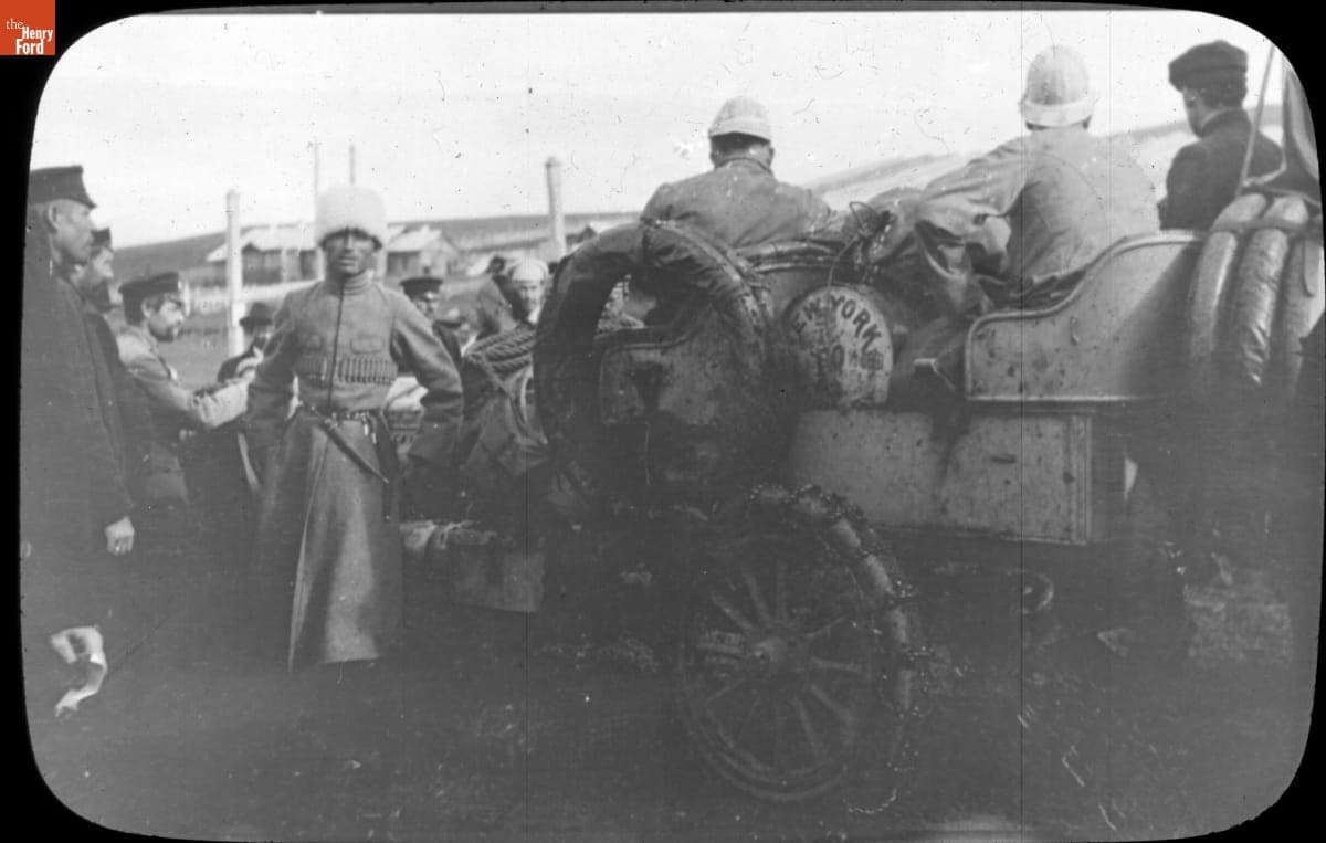 Thomas Flyer Stopped between Vladivostok and Harbin, Russia, during New York to Paris Race, 1908