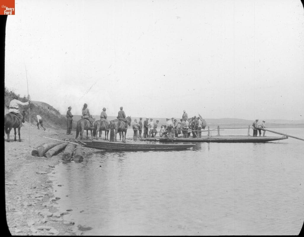 Thomas Flyer Boarding Ferry near Stretensk, Between Manchuria and Mongolia, New York to Paris Race, 1908