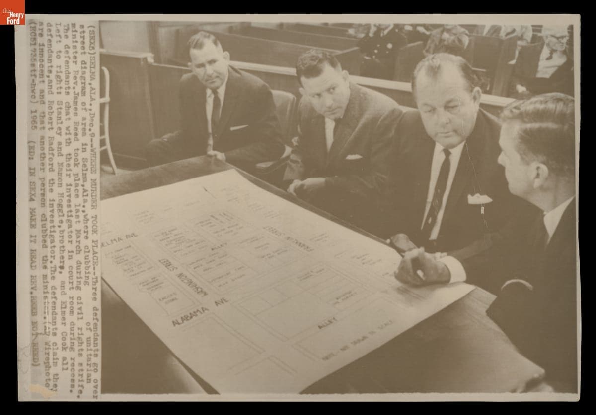 Defendants in the Rev. James Reeb Murder Trial Examine a Street Diagram of Selma, Alabama, December 9, 1965