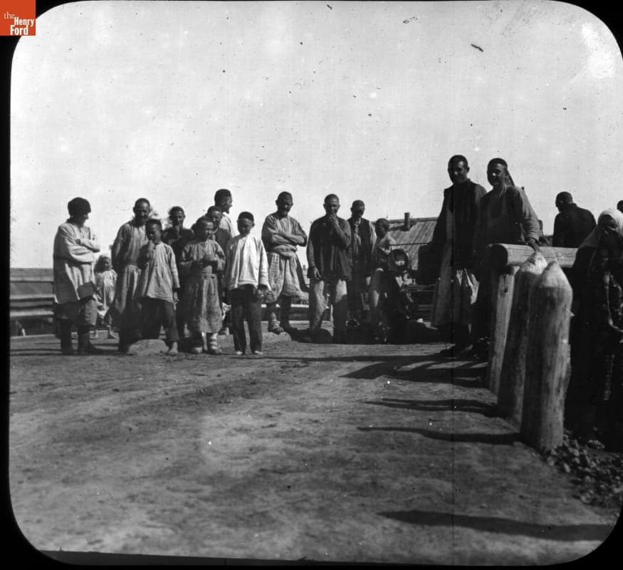 Men and Boys with Thomas Flyer in Russia, New York to Paris Race, 1908