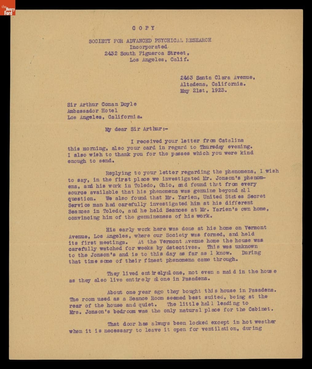 Letter from C.W. Baker of the Society for Advanced Psychical Research to Sir Arthur Conan Doyle, May 21, 1923