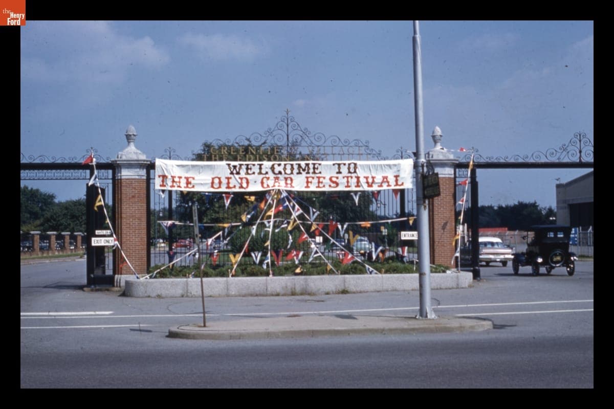 Banner at Oakwood Boulevard Gate for Old Car Festival in Greenfield Village, Dearborn, Michigan, September 1961