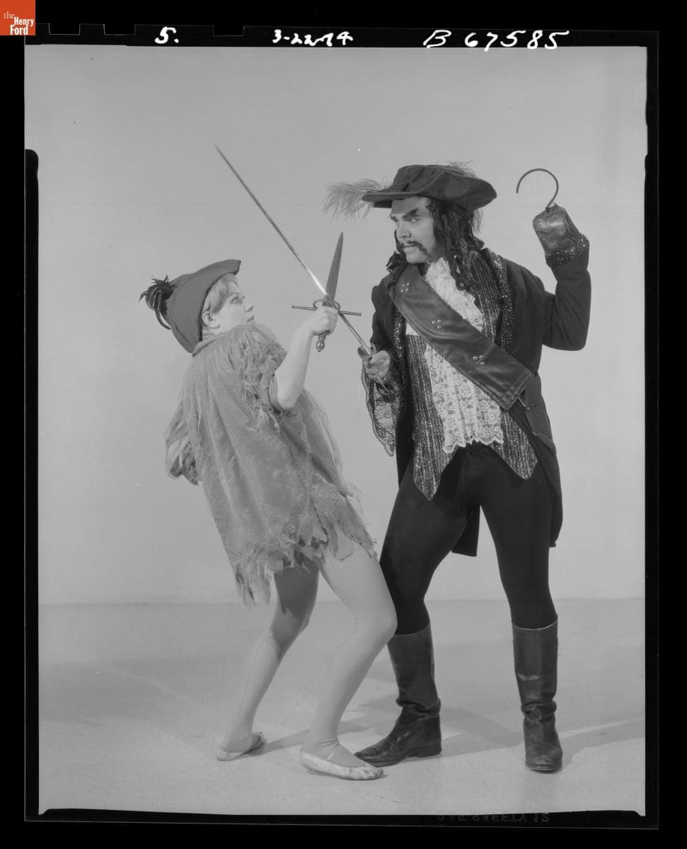 Irene Schweyer as Peter Pan and Joe French as Captain Hook in "Peter Pan," Greenfield Village Players, 1974