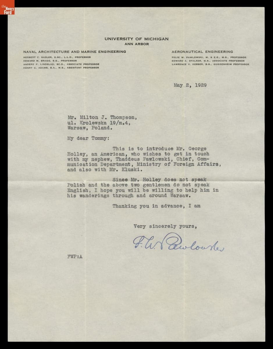 Letter from F.W. Pawlowski to Milton J. Thompson, May 2, 1929