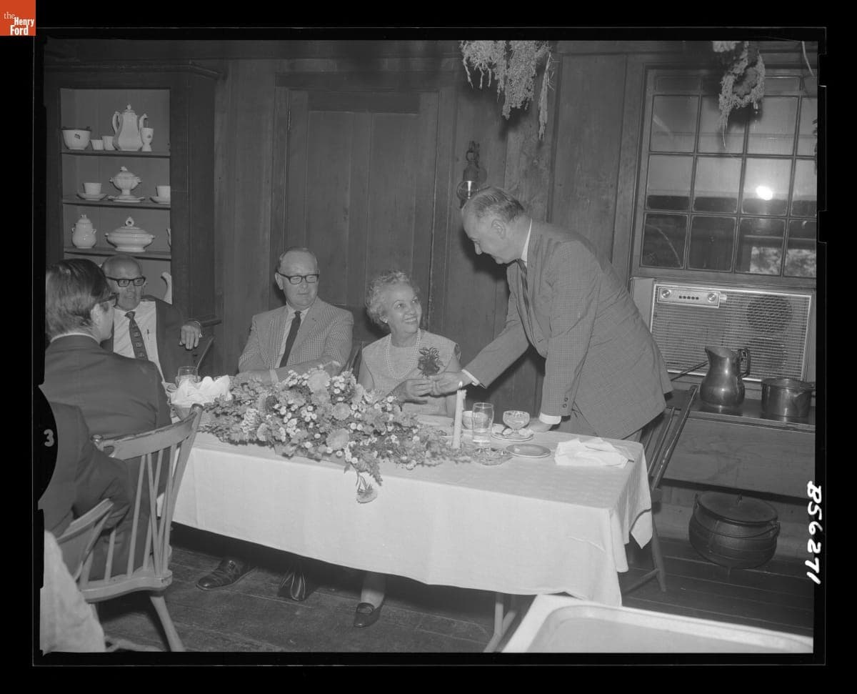 Donald Shelley Presenting a Gift to Yvonne Prieur at Her Retirment Luncheon, August 31, 1970