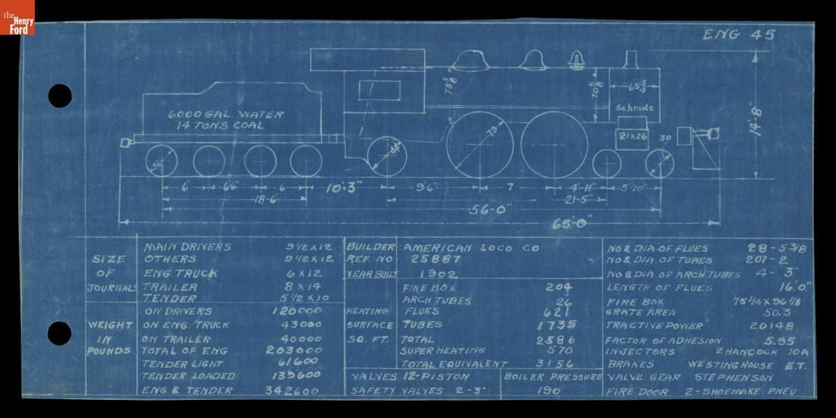 Drawing of the 1902 American Locomotive Company Steam Locomotive, Engine 45 (Detroit, Toledo & Ironton Railroad)