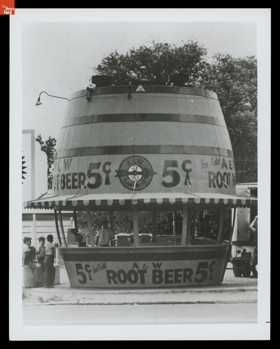 Barrel-Shaped A&W Root Beer Stand, circa 1952