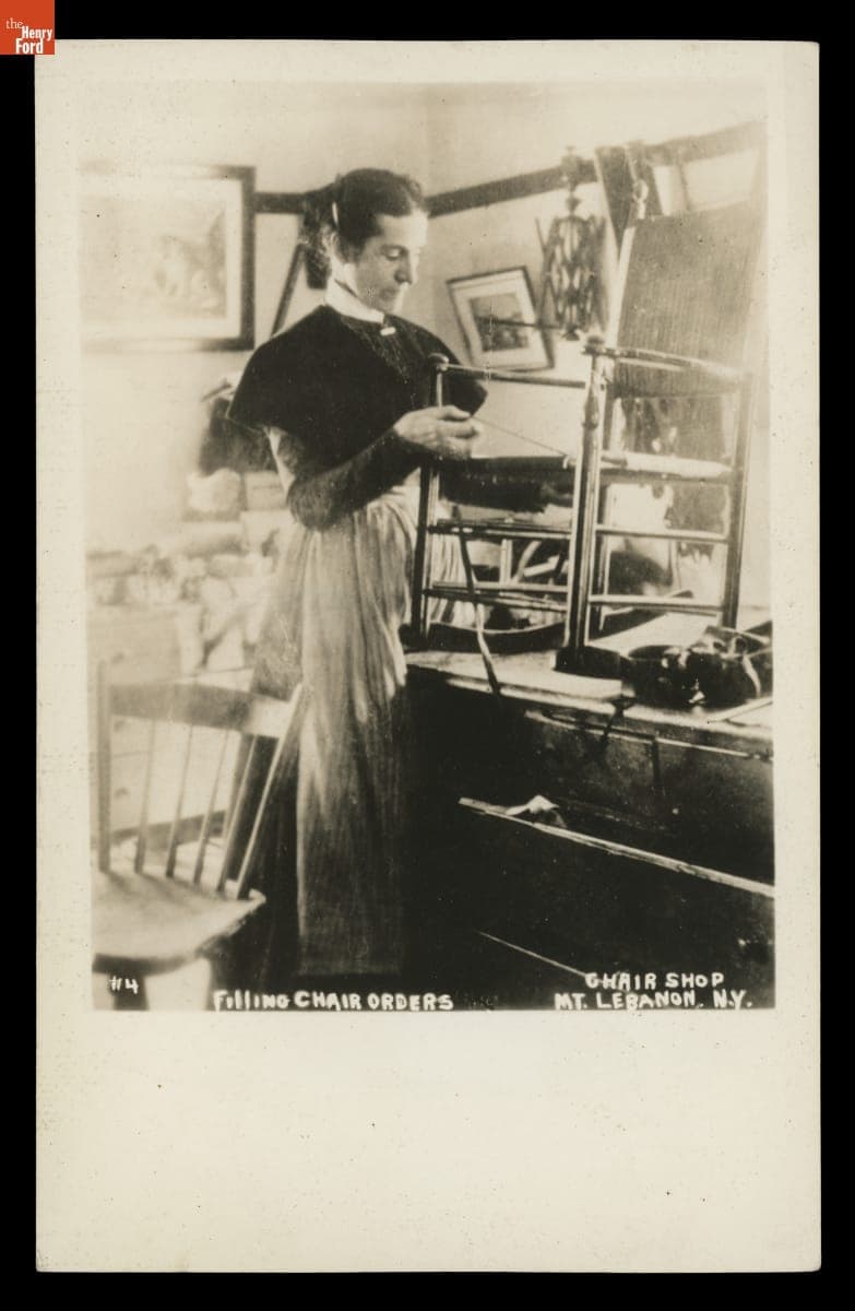 Eldress Sarah Collins Working on a Rocking Chair about 1890, "Filling Chair Orders, Chair Shop, Mount Lebanon, N.Y."