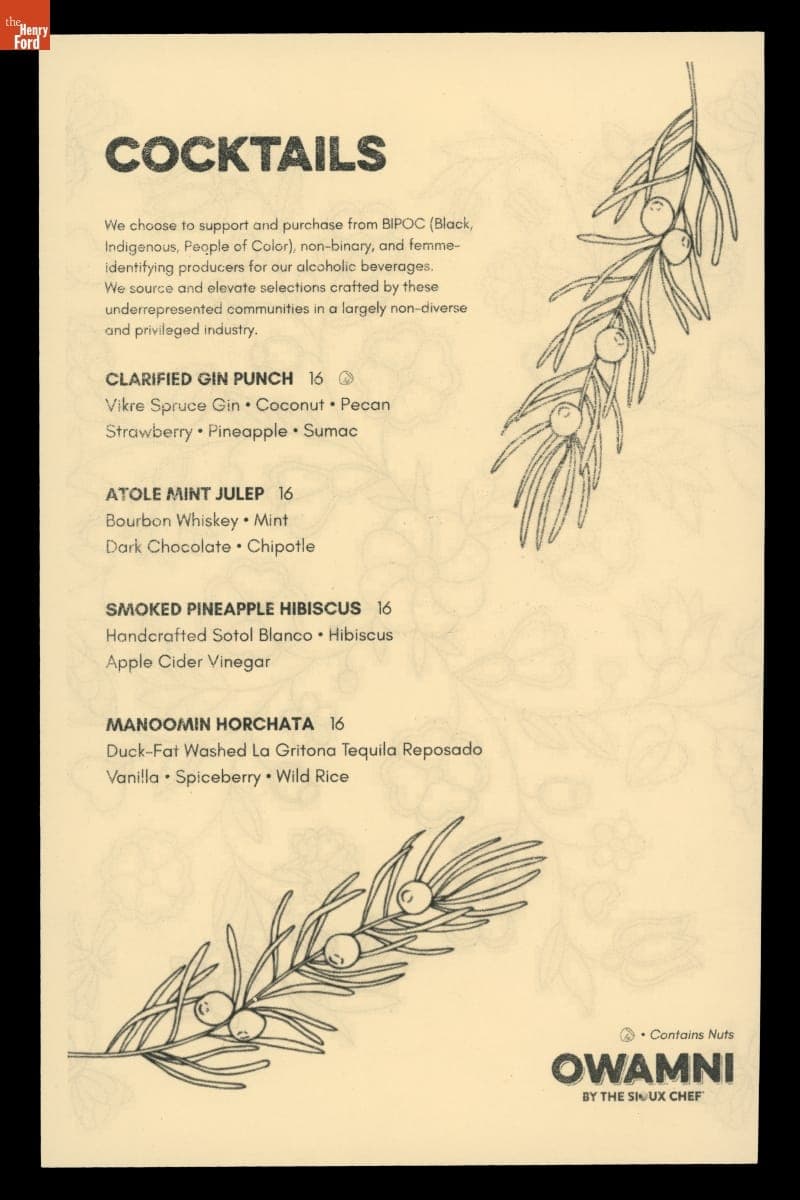 Owamni Restaurant Cocktails Menu, 2025