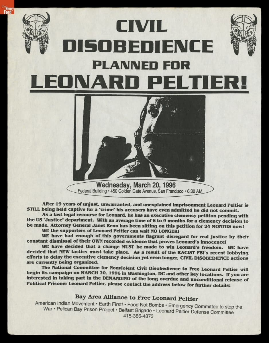 "Civil Disobedience Planned for Leonard Peltier!," March 20, 1996