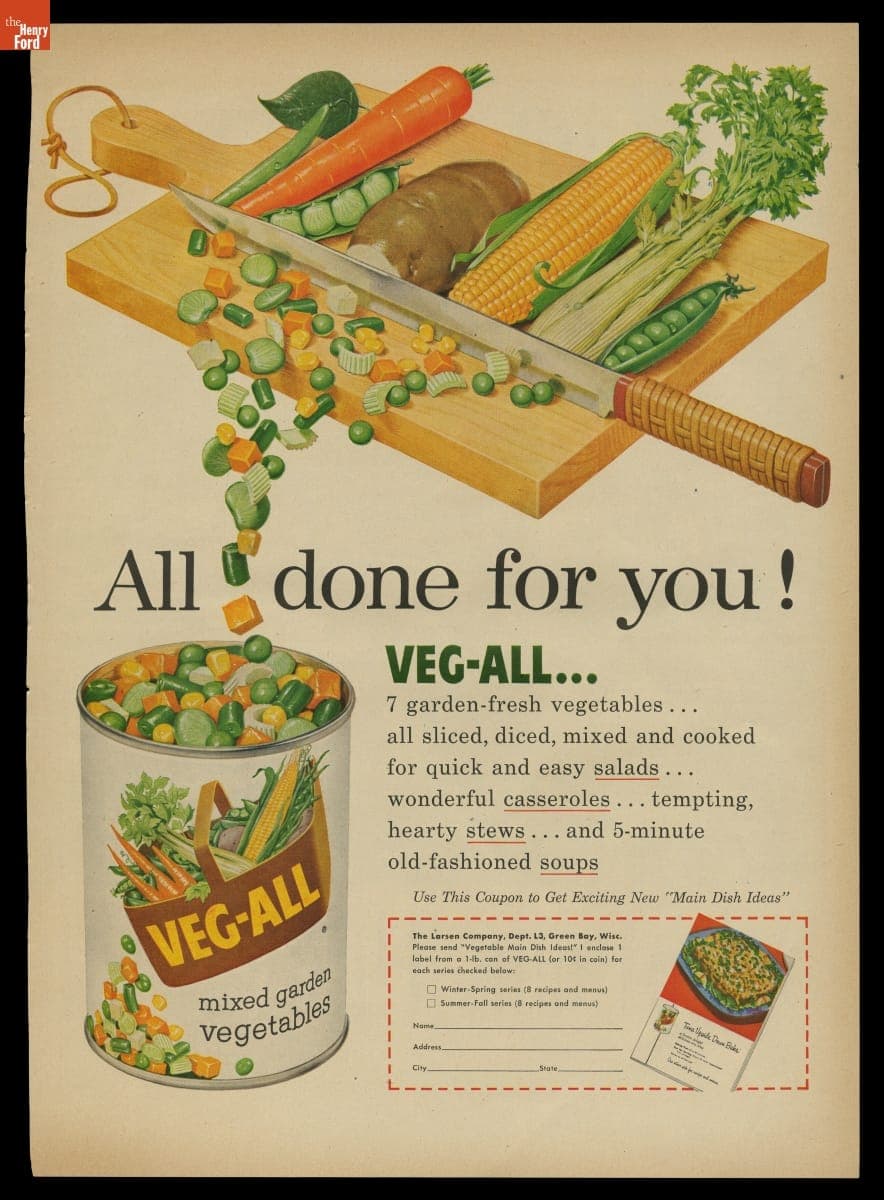 "All Done for You! Veg-All Mixed Garden Vegetables," 1955
