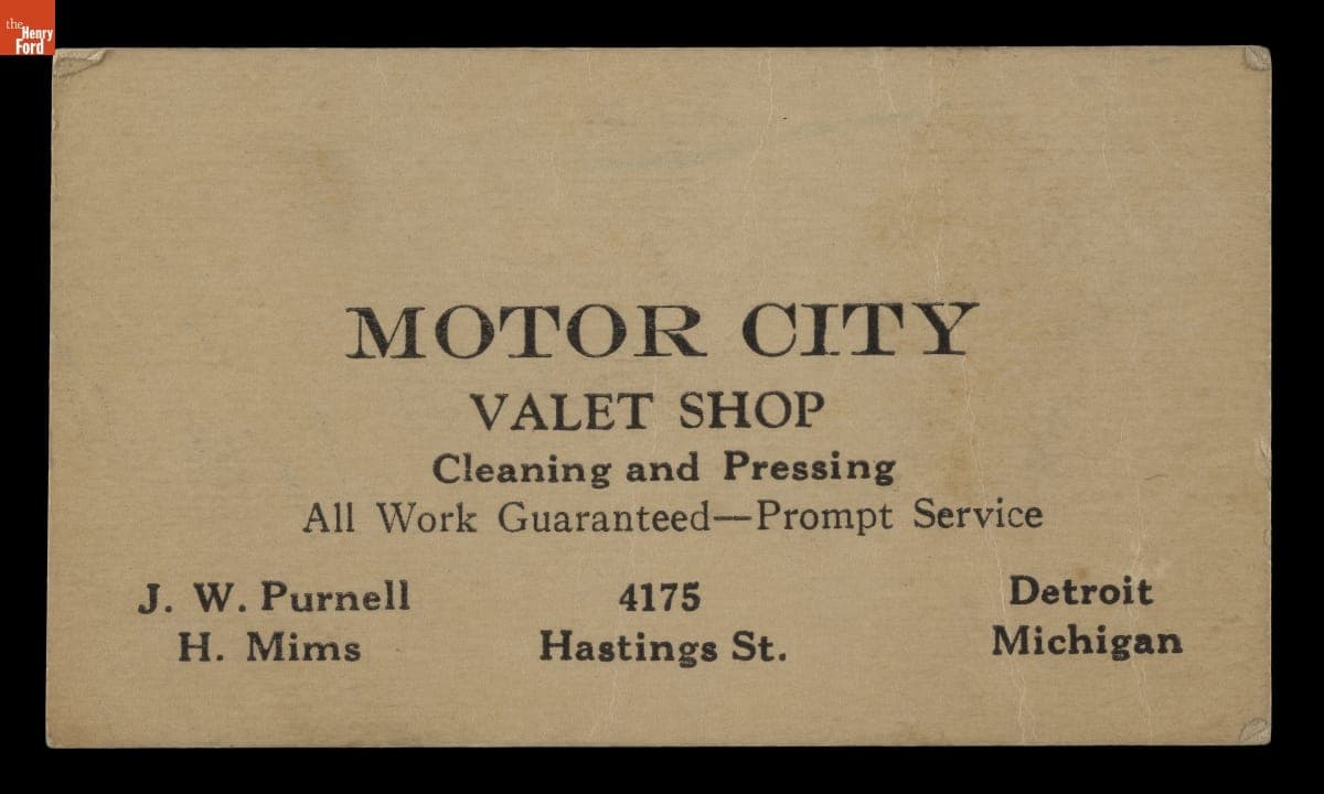 Business Card for Motor City Valet Shop, Detroit, Michigan