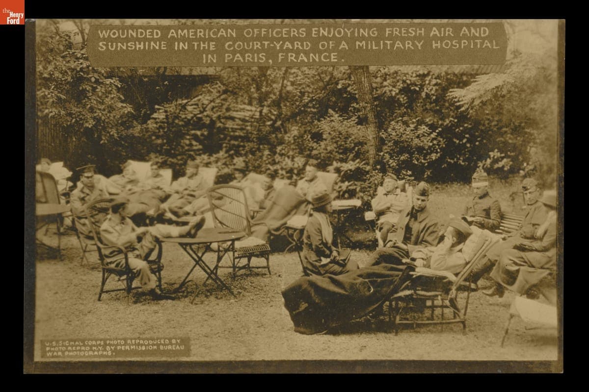 "Wounded American Officers Enjoying Fresh Air and Sunshine...," 1918