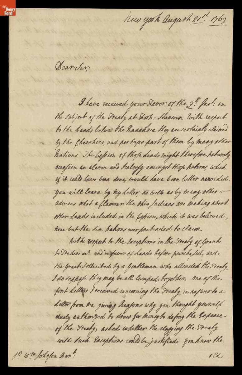 Letter from Thomas Gage to Sir William Johnson, British Superintendent of General of Indian Affairs in North America, August 21, 1769